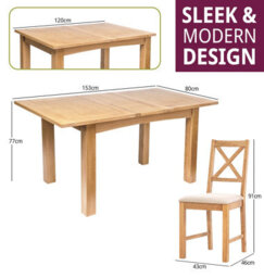 Hallowood Furniture Camberley Oak Butterfly Extending Dining Table With 6 Cross Back Chairs In Beige Fabric Seats - thumbnail 3