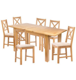 Hallowood Furniture Camberley Oak Butterfly Extending Dining Table With 6 Cross Back Chairs In Beige Fabric Seats - thumbnail 8