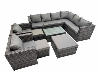 Fimous Patio Sofa Oblong Coffee Table Set Rattan Garden Furniture Set With 2 Chairs 3 Stools Dark Grey Mixed - image 1
