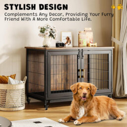 London Boutique Wooden Dog Kennel Large, 95X56X65Cm, Indoor Dog Cage With Anti-Chew, Rotating Lockable Wheels, Grid Base & Easy - thumbnail 3