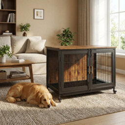 London Boutique Wooden Dog Kennel Large, 95X56X65Cm, Indoor Dog Cage With Anti-Chew, Rotating Lockable Wheels, Grid Base & Easy