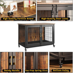 London Boutique Wooden Dog Kennel Large, 95X56X65Cm, Indoor Dog Cage With Anti-Chew, Rotating Lockable Wheels, Grid Base & Easy - thumbnail 6