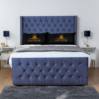 UKBEDFURNITURE Emily Blue Plush Wingback Divan Bed Base With 54 Inch Headboard - No Storage - image 1