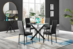 Furniturebox Novara Clear Tempered Glass 100Cm Round Dining Table With Black Starburst Legs & 4 Black Milan Faux Leather Chairs - thumbnail 1