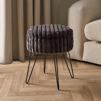 OHS Faux Fur Stool Hairpin Ribbed Fleece Round Vanity Seat Cushioned, Charcoal - image 1