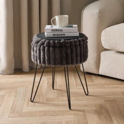 OHS Faux Fur Stool Hairpin Ribbed Fleece Round Vanity Seat Cushioned, Charcoal - thumbnail 3