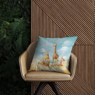 Warren Reed Designer Giraffe On A Beach Holiday Outdoor Cushion 60Cm X 60Cm