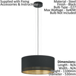 Elegant Black Gold Fabric Pendant Ceiling Light With Adjustable Height - thumbnail 2