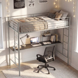 Costway Single Size Loft Bed With Desk & Shelves Metal Bed Frame With 2 Ladders-Silver - thumbnail 3