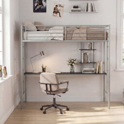 Costway Single Size Loft Bed With Desk & Shelves Metal Bed Frame With 2 Ladders-Silver - thumbnail 4