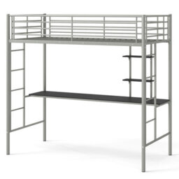 Costway Single Size Loft Bed With Desk & Shelves Metal Bed Frame With 2 Ladders-Silver - thumbnail 2