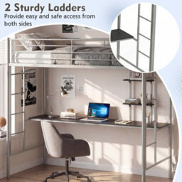 Costway Single Size Loft Bed With Desk & Shelves Metal Bed Frame With 2 Ladders-Silver - thumbnail 5