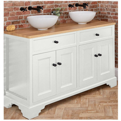 Homestylestore 1210mm Antique White And Oak Bathroom Vanity Unit With Round Countertop Basins And Black Round Handles - image 1