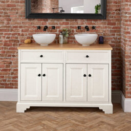 Homestylestore 1210mm Antique White And Oak Bathroom Vanity Unit With Round Countertop Basins And Black Round Handles - thumbnail 3