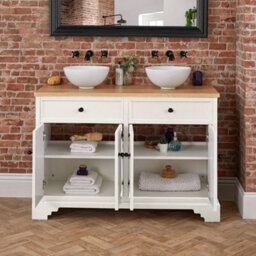 Homestylestore 1210mm Antique White And Oak Bathroom Vanity Unit With Round Countertop Basins And Black Round Handles - thumbnail 4