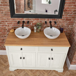Homestylestore 1210mm Antique White And Oak Bathroom Vanity Unit With Round Countertop Basins And Black Round Handles - thumbnail 2