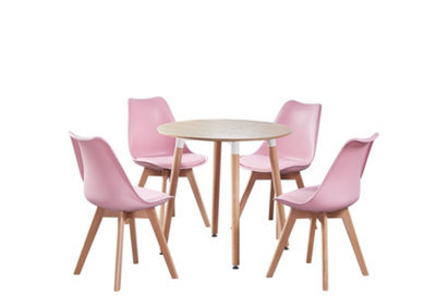 Life Interiors 5Pcs Dining Set - An Oak Round Dining Table & Set Of 4 Pink Lorenzo Tulip Chairs With Padded Seat - image 1