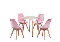 Life Interiors 5Pcs Dining Set - An Oak Round Dining Table & Set Of 4 Pink Lorenzo Tulip Chairs With Padded Seat - thumbnail 1
