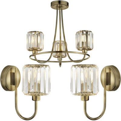 Loops 3 Light Semi Flush Ceiling Lamp & 2X Matching Wall Lights - Antique Brass Faceted Glass Shade - image 1