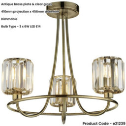 Loops 3 Light Semi Flush Ceiling Lamp & 2X Matching Wall Lights - Antique Brass Faceted Glass Shade - thumbnail 3