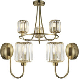 Loops 3 Light Semi Flush Ceiling Lamp & 2X Matching Wall Lights - Antique Brass Faceted Glass Shade - thumbnail 1