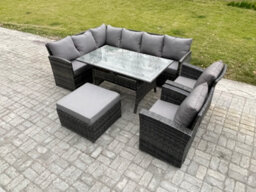Fimous 9 Seater Outdoor Rattan Garden Furniture Set With Dining Table Big Footstool 2 Armchiars Patio Wicker Corner Sofa Set - thumbnail 2