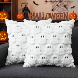 Fall Halloween Ghost Throw Pillow Covers 18X18 Set Of 2 White Soft Faux Wool Modern Pillow Covers Plush Furry Cushion Cases - thumbnail 1