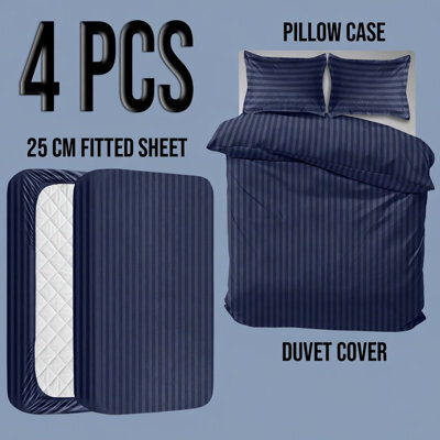 Oxford Homeware Navy Super King Stripe Soft Microfiber Duvet Cover, Fitted Sheet & Pillowcase Set 4 Piece Bedding Set