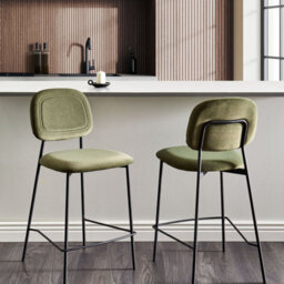 Wyld And Coco Olive Green Velvet Bar Chairs Set Of Two With Black Iron Frame - Counter Height Modern Dining - thumbnail 2