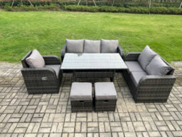 Fimous 8 Seater Rattan Garden Furniture Set With Patio Sofa Dining Table 2 Small Footstools Indoor Conservatory Patio Set - thumbnail 1