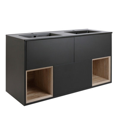 Homestylestore Black Grey 1212mm Wall Hung Bathroom Vanity Unit Open Shelf And Graphite Basin - image 1