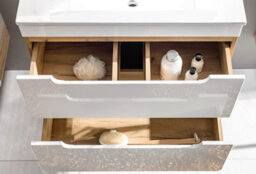 Impact Furniture 600mm Wall Hung Vanity Unit Bathroom Sink Wall Cabinet Compact Drawers White Gloss Oak Arub - thumbnail 8