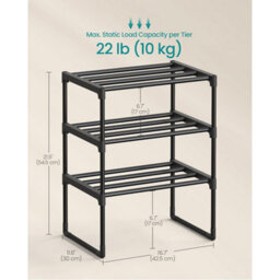 Songmics 3-Tier Metal Shoe Organizer, Stackable Footwear Storage Rack, Holds Multiple Pairs, Hallway Organizer, Black - thumbnail 2