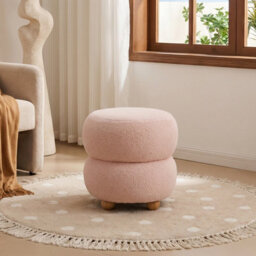 Living And Home Pink Round Teddy Fleece Upholstered Footstool With Rubberwood Legs, 39Cm Dia X 39Cm H - thumbnail 1