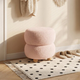 Living And Home Pink Round Teddy Fleece Upholstered Footstool With Rubberwood Legs, 39Cm Dia X 39Cm H - thumbnail 2