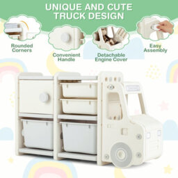 Costway Kids Toy Storage Organizer Truck-Shaped Toddler Storage Cabinet 2 Plastic Bins - thumbnail 5