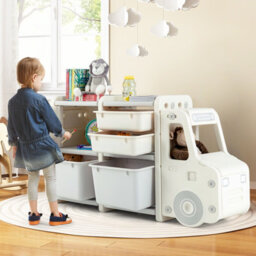 Costway Kids Toy Storage Organizer Truck-Shaped Toddler Storage Cabinet 2 Plastic Bins - thumbnail 7