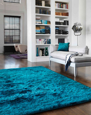 Dark Teal Super Soft Shaggy Handmade Modern Plain Sparkle Easy To Clean Rug For Dining Room Bedroom Living Room-140Cm X 200Cm - image 1