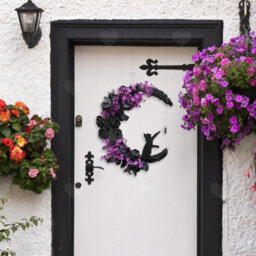 Amorly Black Rose Halloween Wreath, Crescent Moon Black Cat Themed Garland, Festive Ornament For Doors, Walls And Outdoor Halloween Decor - thumbnail 4