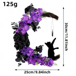 Amorly Black Rose Halloween Wreath, Crescent Moon Black Cat Themed Garland, Festive Ornament For Doors, Walls And Outdoor Halloween Decor - thumbnail 2