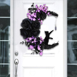 Amorly Black Rose Halloween Wreath, Crescent Moon Black Cat Themed Garland, Festive Ornament For Doors, Walls And Outdoor Halloween Decor - thumbnail 1