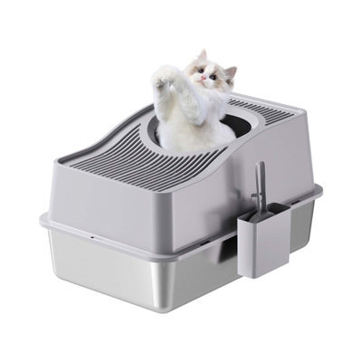 London Boutique 60X40X39.5Cm Stainless Steel Enclosed Cat Litter Box, Top Entry High Sided Tray, Scoop, Grey - image 1