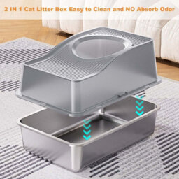 London Boutique 60X40X39.5Cm Stainless Steel Enclosed Cat Litter Box, Top Entry High Sided Tray, Scoop, Grey - thumbnail 4