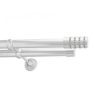 Toolty Double Metal Curtain Pole 25/25mm With Finials Rod Cassic Brackets Roseti 230Cm Chrome