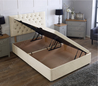 Comfy Deluxe 6Ft Side Lift Cream Plush Velvet Ottoman Divan Base With Chesterfield Headboard