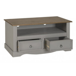 Mercers Furniture Corona Grey Wax Flat Screen Tv Unit 2 Drawer Wide Cabinet Solid Pine With Mexican Styling - thumbnail 2