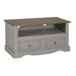 Mercers Furniture Corona Grey Wax Flat Screen Tv Unit 2 Drawer Wide Cabinet Solid Pine With Mexican Styling