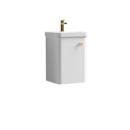 Balterley Flashbrook Modern Bathroom Wall Hung 1 Soft Close Door Vanity Unit & Ceramic Basin, Gloss White/brushed Brass, 379mm - thumbnail 1