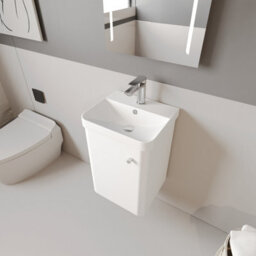 Balterley Flashbrook Modern Bathroom Wall Hung 1 Soft Close Door Vanity Unit & Ceramic Basin, Gloss White/brushed Brass, 379mm - thumbnail 4