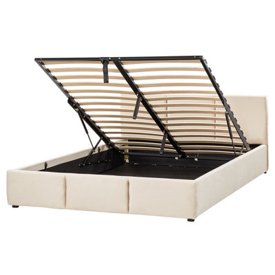 Beliani Ottoman Bed Velvet Bousse 160 X 200 Cm (Eu King Size) Light Beige - image 1